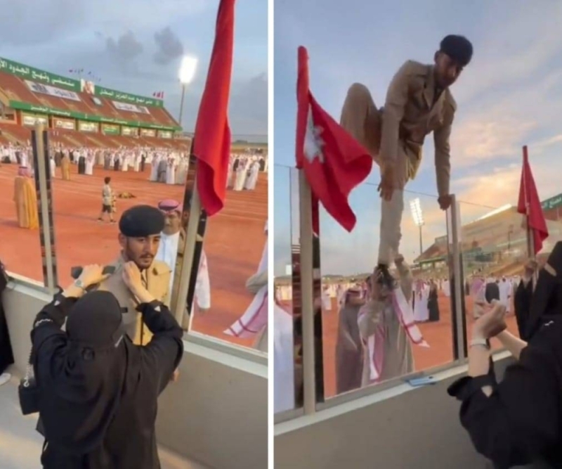 شاهد..شاب سعودي يقفز من أعلى حاجز زجاجي ليحتفل مع والدته بتخرجه من الكلية العسكرية.. والأخيرة تقلده الرتبة