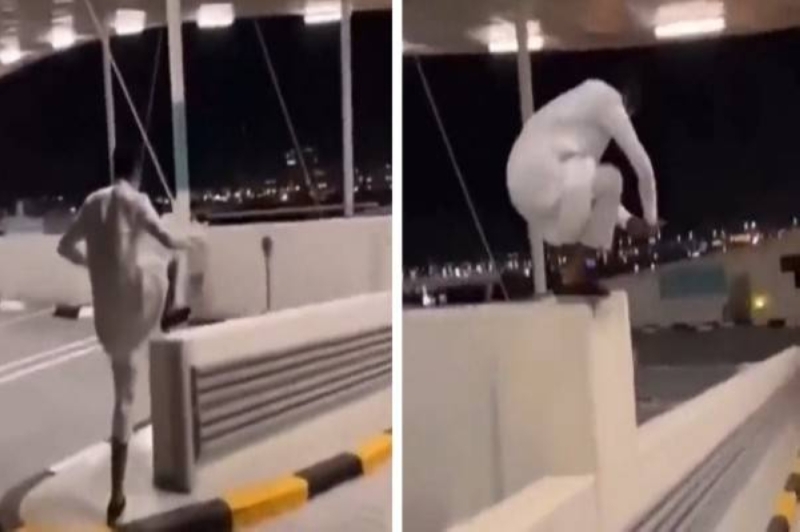 شاب سعودي كاد يفقد حياته أثناء القفز من أعلى حافة سور بعدما تفاجأ بهذا الشيء أمامه!..شاهد