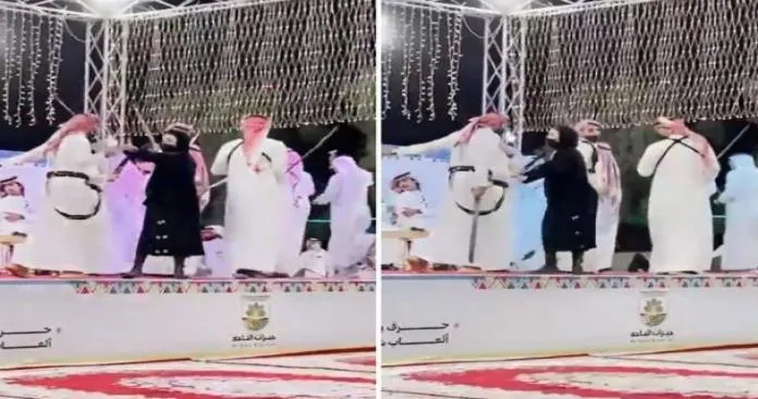 فتاة تقتحم رقصة العرضة في السعودية